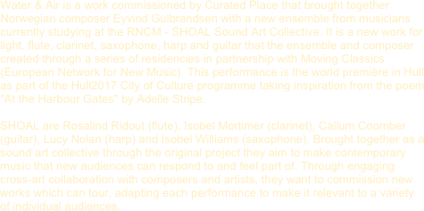 Water & Air is a work commissioned by Curated Place that brought together Norwegian composer Eyvind Gulbrandsen with a new ensemble from musicians currently studying at the RNCM - SHOAL Sound Art Collective. It is a new work for light, flute, clarinet, saxophone, harp and guitar that the ensemble and composer created through a series of residencies in partnership with Moving Classics (European Network for New Music). This performance is the world première in Hull as part of the Hull2017 City of Culture programme taking inspiration from the poem "At the Harbour Gates" by Adelle Stripe.

SHOAL are Rosalind Ridout (flute), Isobel Mortimer (clarinet), Callum Coomber (guitar), Lucy Nolan (harp) and Isobel Williams (saxophone). Brought together as a sound art collective through the original project they aim to make contemporary music that new audiences can respond to and feel part of. Through engaging cross-art collaboration with composers and artists, they want to commission new works which can tour, adapting each performance to make it relevant to a variety of individual audiences.